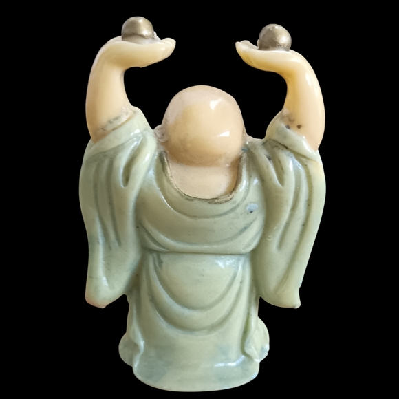 Set of 6 Vintage "Laughing Buddha" Figurines in Cream (Faux Ivory) and Blue - Picture 13 of 13